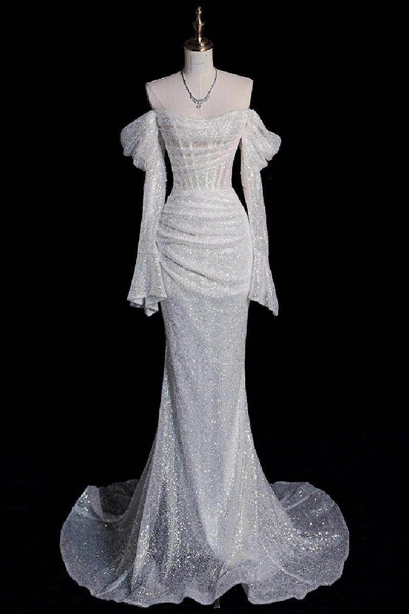 Trumpet-Mermaid Sweep-Brush Train Sequined Lace Wedding Dress 749300816750 - COCOMELODY